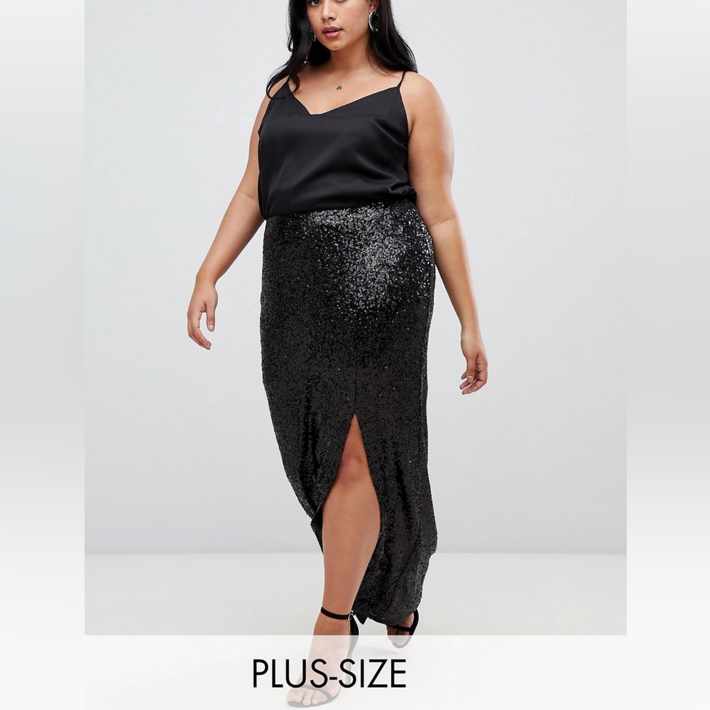 Outrageous Fortune Plus Black Sequin Maxi Skirt With Front  Slit Gown Skirt